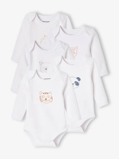 Lot De 5 Bodies « animaux » Bébé Naissance Ouverture US Manches Longues BASICS Lot Ivoire - Vertbaudet