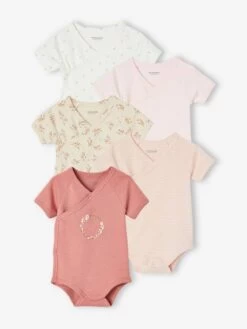Lot De 5 Bodies Manches Courtes Bébé Ouverture Naissance Rose Pâle - Vertbaudet