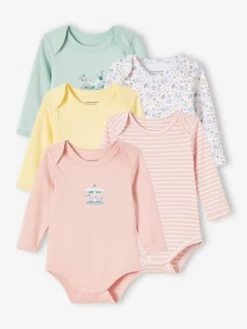 Lot De 5 Bodies Manches Longues Bébé Emmanchure US Lot Rose Grisé - Vertbaudet