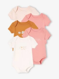 Lot De 5 Bodies Marguerites Manches Courtes Bébé Ouverture US Rose Pâle - Vertbaudet