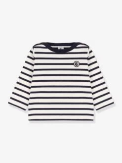Marinière Bébé Manches Longues En Coton Bio PETIT BATEAU Blanc Rayé Marine - Petit Bateau