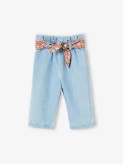 Pantalon Large En Denim Bébé Avec Ceinture En Tissu Fleuri Stone - Vertbaudet