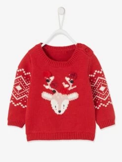 Pull De Noël Bébé Mixte Motif Renne Rouge Brique - Vertbaudet