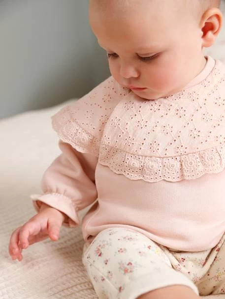Sweat Bébé Encolure En Broderie Anglaise Rose Poudré - Vertbaudet