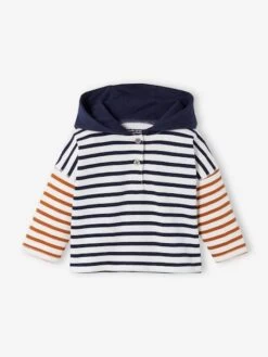 T-shirt à Capuche Bébé Manches Longues Ivoire Rayé - Vertbaudet